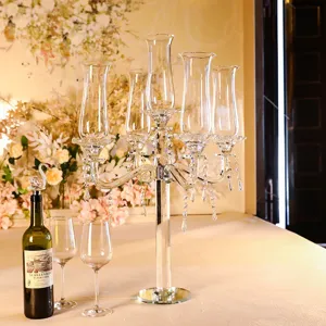 Elegant 5-arm crystal candelabra centerpiece for wedding tabletop decor and luxury events.