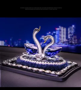 Crystal swan car ornament perfume holder with sparkling rhinestones and blue crystal wings for auto.
