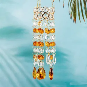 Detailed view of amber and clear faceted crystals with gold-tone ring connectors.