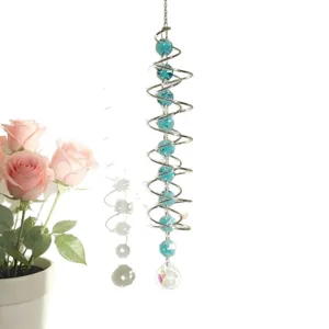 Elegant silver spiral crystal wind chime sun catcher with blue beads and faceted water drop pendant