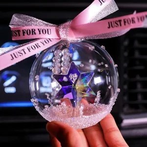 Sparkling crystal ball car pendant with colorful star and pink ribbon