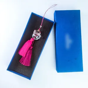 Crystal maneki-neko lucky cat car pendant with pink tassels in blue gift box