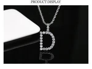 Collar con colgante de letra D de circonita estilo hip hop con cadena de cuerda