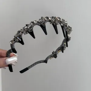Elegant grey crystal headband with unique black spikes and satin finish for women