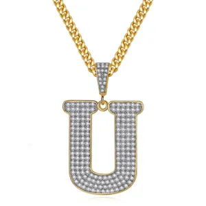 Collar con Colgante de Letra Inicial Inglesa de Circonia Iced Out Hip Hop Cobre Chapado en Oro Cadena Cubana Joyas de Alfabeto Unisex