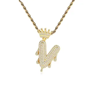 Hip Hop Kroon Initiaal Ketting Voor Heren Dames Verguld Drip Letter Hanger Ketting Met Zirconia Iced Out Sieraden Cadeau