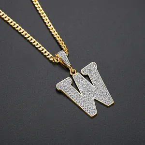 Collar colgante letra W inicial de circonita helada cadena cubana hip hop hombre
