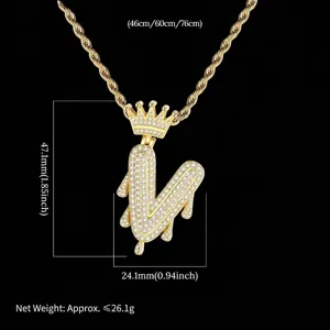 Hip-hop gouden ketting met druppelende letter V hanger, kroon en sprankelende zirkoon