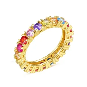 Hiphop Enkele Rij Zirconia Eternity Ring Voor Heren Dames Kleurrijke Regenboog Zirkon Goud Zilver Vergulde Koperen Ingelegde Ring Sieraden