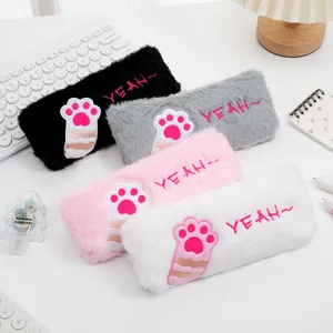 Cute Cat Paw Plush Pencil Case For Students Portable Fluffy Embroidered Stationery Organizer Bag For School Office Women Girls