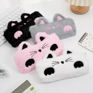 Soft plush faux fur cat shaped pencil cases shown in pink white grey and black colors