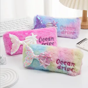 Estuche de Lápices de Peluche de Sirena con Lentejuelas Gran Capacidad Lindo 3D Concha Estrella Bordado Caja de Papelería