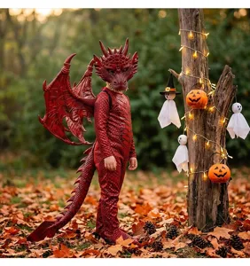 Detailed view of kids red dragon costume set for Halloween cosplay in forest setting