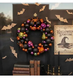 Vista dettagliata di una ghirlanda di Halloween con zucche e ragni in scena festiva