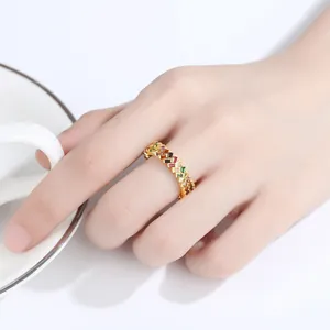 Elegante gouden ring met dubbele rij kleurrijke zirkonia voor trendy vrouwen