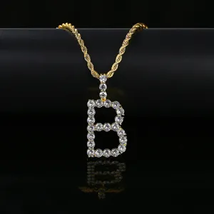 Collar con colgante letra B de circonita y cadena de cuerda dorada estilo hip hop