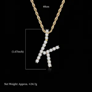 Colgante de letra K de circón chapado en oro con cadena de cuerda de 60cm