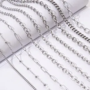 Detailed macro shot of various stainless steel chain styles for DIY jewelry making