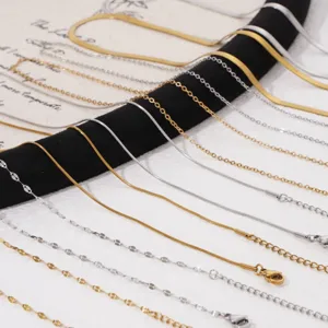 Close-up of various 304 stainless steel DIY jewelry chains in gold and silver finishes
