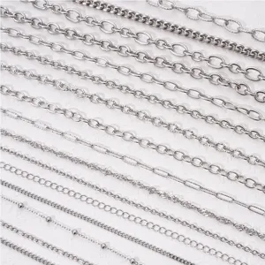 Detailed view of various stainless steel chain textures for DIY jewelry accessories