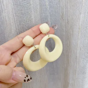 Vintage French style creamy white geometric oval hoop earrings with square stud backings