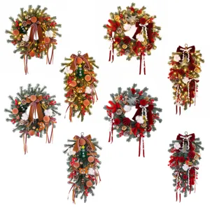 Vintage Rote Weihnachten Kranz Künstliche Kiefernnadeln Tränenform Türkranz Mit Tannenzapfen Beeren Baumwolle Schleife Für Haustür Hotel Party Dekoration