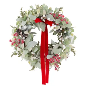 Frosted rabbit ear leaf Christmas wreath with red velvet bow and berries decoration