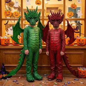 Kids Halloween dragon costume set featuring green and red dragon masks and wings
