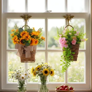 Set of artificial flower hanging baskets with vintage bee hooks for window decor