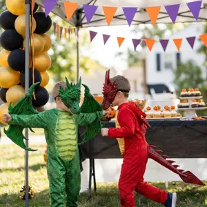 Kids dragon costumes for Halloween party with green and red dragon suits and masks.