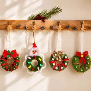 Decorative handmade mini Christmas wreath pendants with Santa and bow designs set of 4