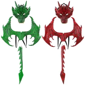 Halloween dragon costume set for kids including mask, wings, and tail in green and red.