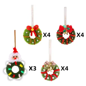 Set of 15 mini Christmas wreath ornaments with Santa and bells for tree decoration