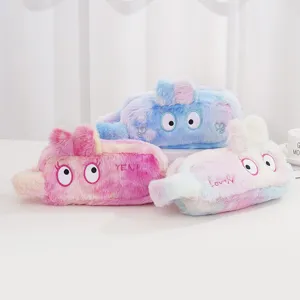 Set of three cute cartoon plush pencil cases with large capacity in soft pastel colors