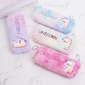 Cute Unicorn Plush Pencil Case Large Capacity Polyester Stationery Bag Rainbow Gradient Faux Fur Makeup Pouch For Students Kids School Office Supplies