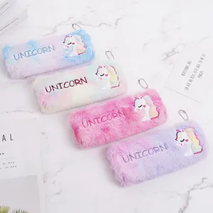 Cute plush unicorn pencil case with rainbow gradient fur and embroidery