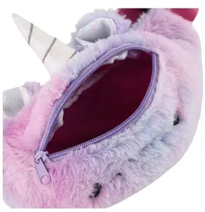 Macro view of plush unicorn waist bag with colorful fur showing zipper and lining