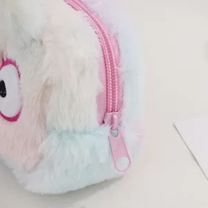Cute rainbow pastel plush pencil case with cartoon eye embroidery and pink zipper detail