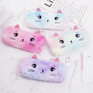Schattige Cartoon Kat Pluche Etui Regenboog Gradiënt Kleur Borduurwerk Kittens Pentas Voor Studenten Meisjes Schoolbenodigdheden