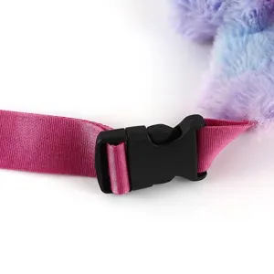 Detail of durable black plastic buckle and pink adjustable strap on plush waist bag