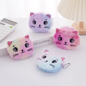 Simpatico Gatto Cartone Animato Portamonete in Peluche Poliestere Sfumato Mini Portafoglio Con Portachiavi Ricamo Cerniera Portafoglio