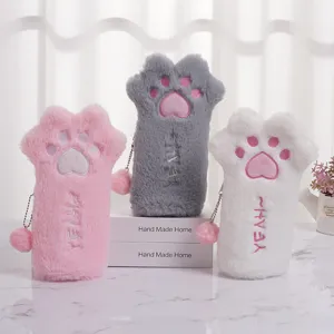 Astucci in peluche zampa di gatto carini rosa grigio e bianco in finta pelliccia morbida