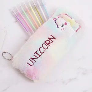 Adorable large capacity rainbow plush unicorn pencil case with cute embroidery detail