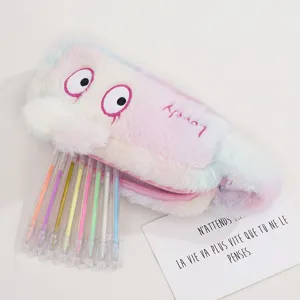 Cute plush rainbow pencil case with cartoon eyes and large capacity for student storage