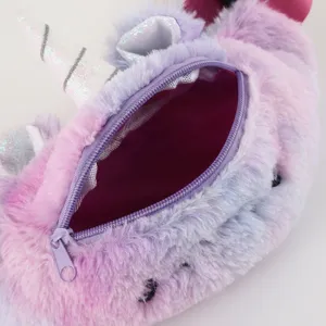 Detailed close-up showing the zipper opening and interior lining of a plush unicorn waist bag
