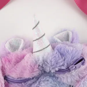 Close-up detail of a soft plush unicorn waist bag featuring a glitter horn and purple zipper