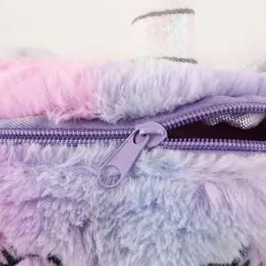 Close-up of the smooth purple zipper and soft rainbow plush fabric of the unicorn bag.