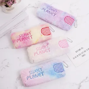 Cute large capacity tie-dye plush pencil cases with Sweet Planet embroidery for students