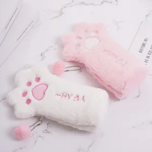 Astucci in morbido peluche a forma di zampa di gatto rosa e bianchi con pon pon pelosi