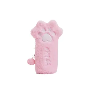 Astuccio a forma di zampa di gatto in peluche rosa con morbida pelliccia per studenti.